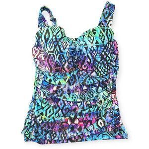 Profile by Gottex Tankini Top Womens 34D Blue Purple Geometric Aztec Underwire